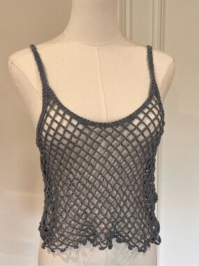 Zara Grey Blue Crochet Fishnet Knit Crop Cami Tank Coastal Boho Beach S cotton